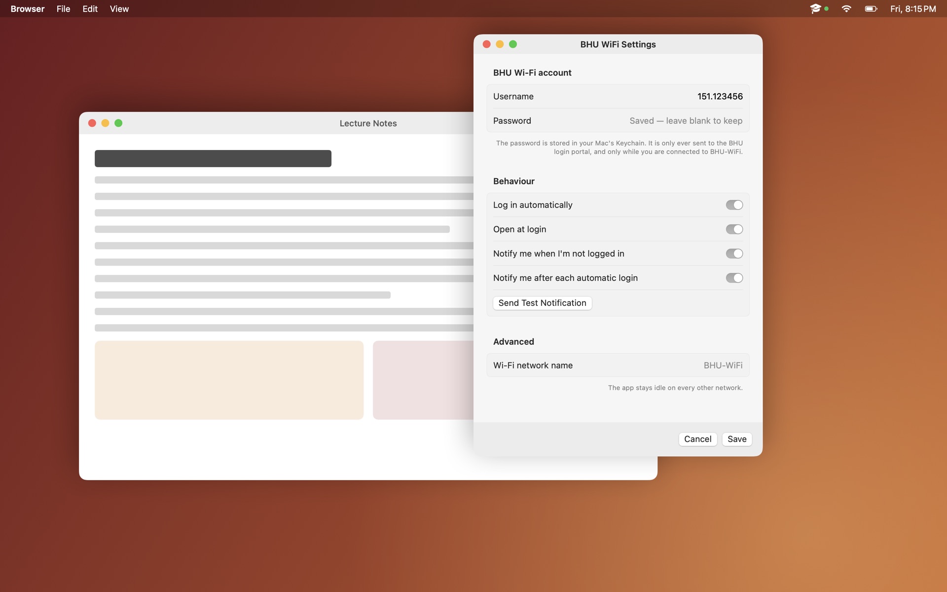 BHU WiFi settings: account, behaviour and network